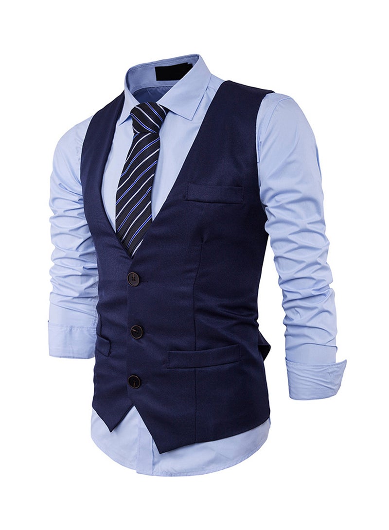 Solid Single Row Three Button Waistcoat Navy