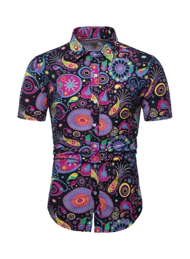 Floral Printed Short Sleeves Shirt Black/Purple/Yellow