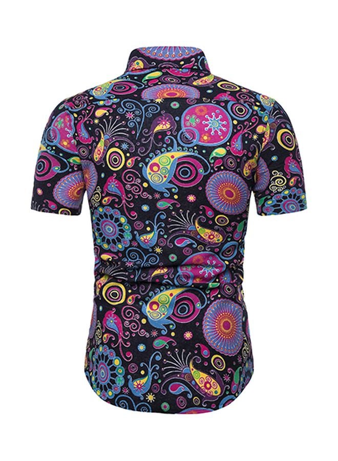 Floral Printed Short Sleeves Shirt Black/Purple/Yellow