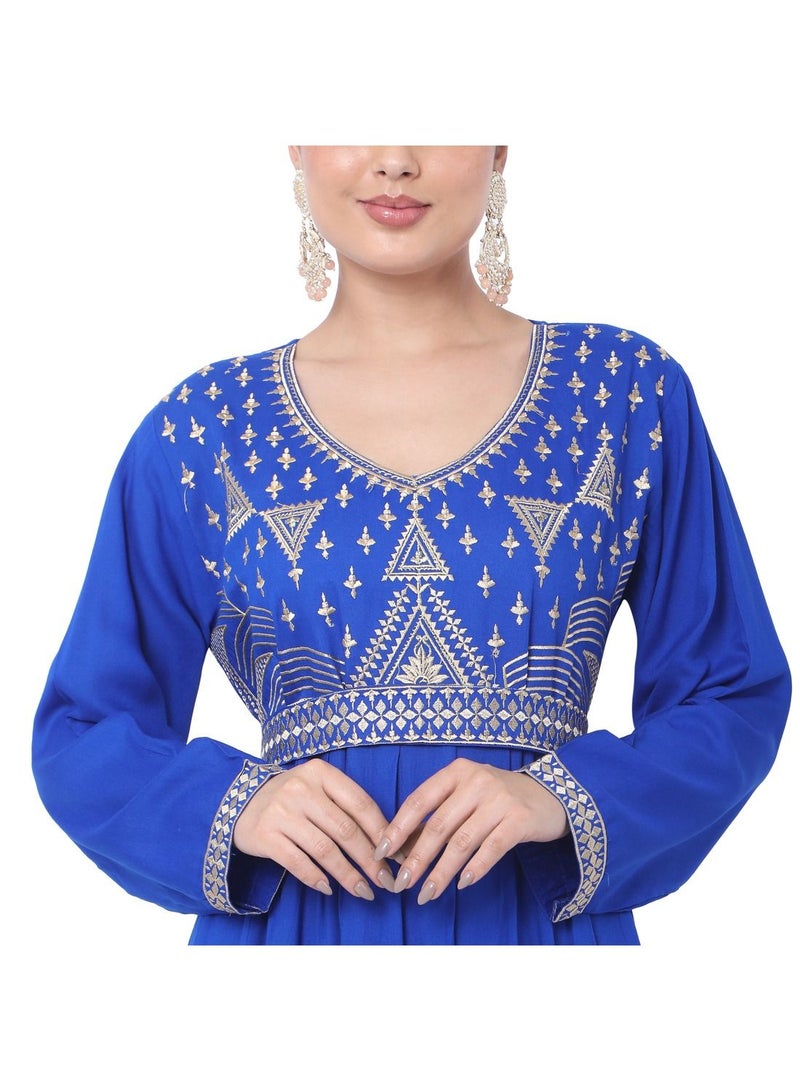 LONG EMBROIDERED VISCOSE SOLID BLUE COLOUR ARABIC JALABIYA DRESS