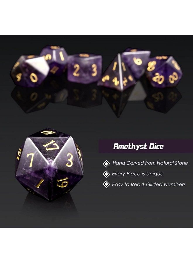 Amethyst Crystal Dnd Dice Set 7 Pcs Gemstone D&D Dice With Grogeous Gift Case For Dungeons And Dragon Tabletop Game (Amethyst)