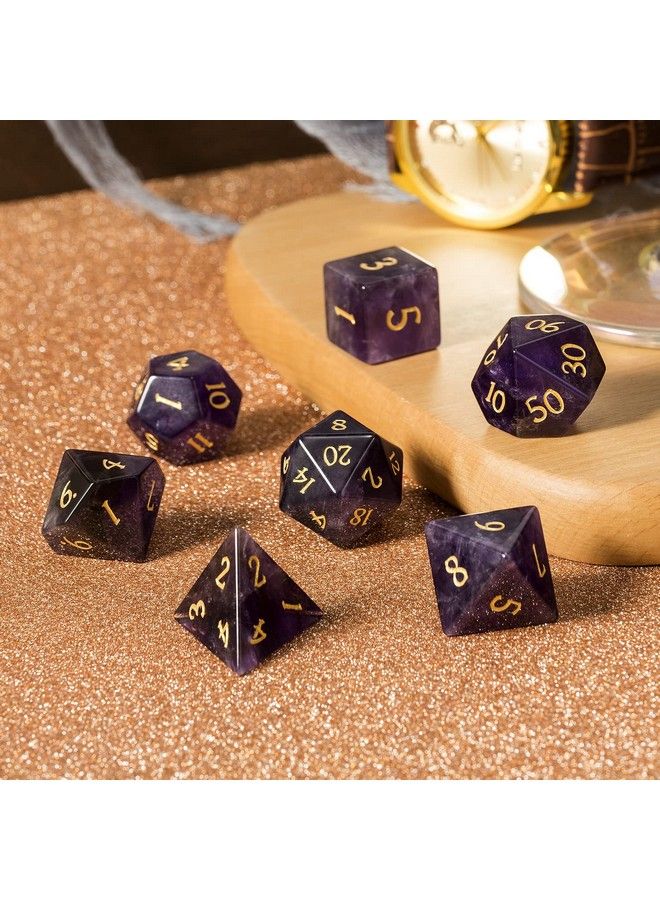 Amethyst Crystal Dnd Dice Set 7 Pcs Gemstone D&D Dice With Grogeous Gift Case For Dungeons And Dragon Tabletop Game (Amethyst)