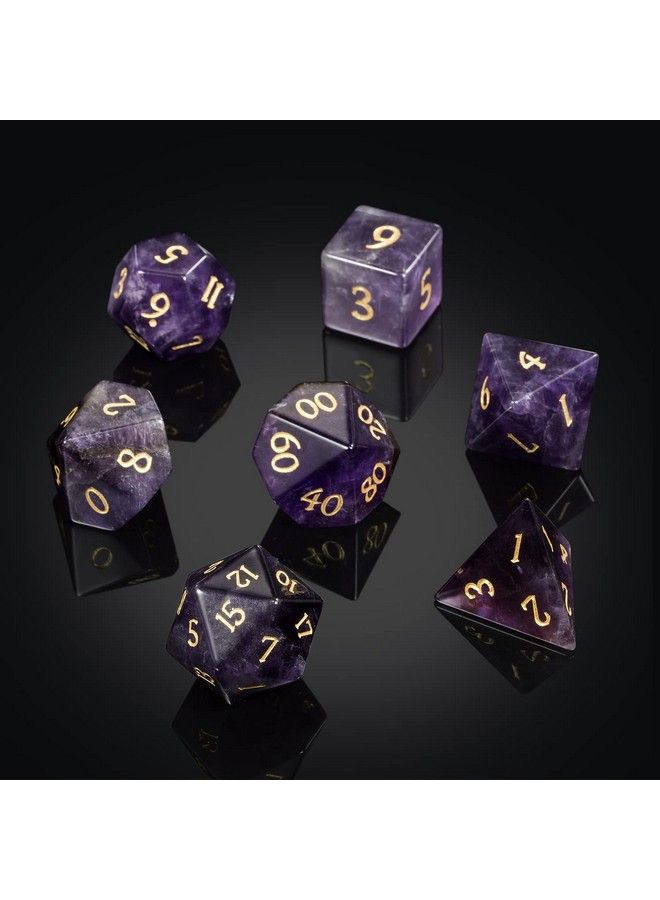 Amethyst Crystal Dnd Dice Set 7 Pcs Gemstone D&D Dice With Grogeous Gift Case For Dungeons And Dragon Tabletop Game (Amethyst)