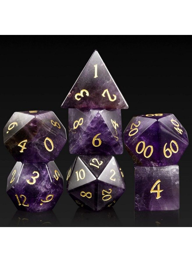 Amethyst Crystal Dnd Dice Set 7 Pcs Gemstone D&D Dice With Grogeous Gift Case For Dungeons And Dragon Tabletop Game (Amethyst)