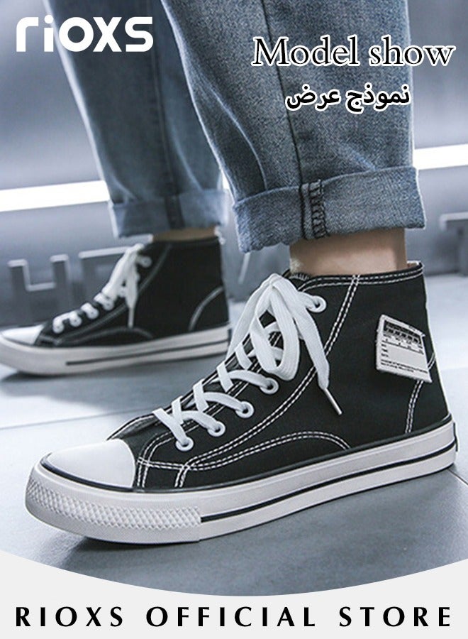 Men's Classic Casual Canvas High Top Sneakers, High-quality Lace Up Lightweight Breathable Shoes, Fashionable Comfortable Flat Shoes with Non-slip Sole, Sporty Outdoor Trainers, Suitable for Various Activities