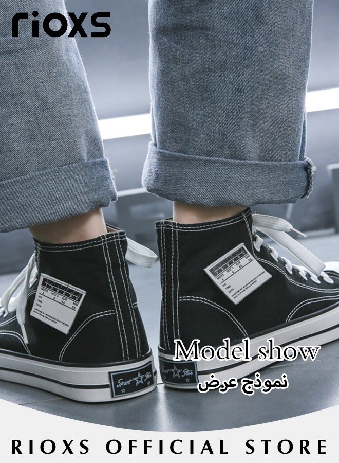Men's Classic Casual Canvas High Top Sneakers, High-quality Lace Up Lightweight Breathable Shoes, Fashionable Comfortable Flat Shoes with Non-slip Sole, Sporty Outdoor Trainers, Suitable for Various Activities