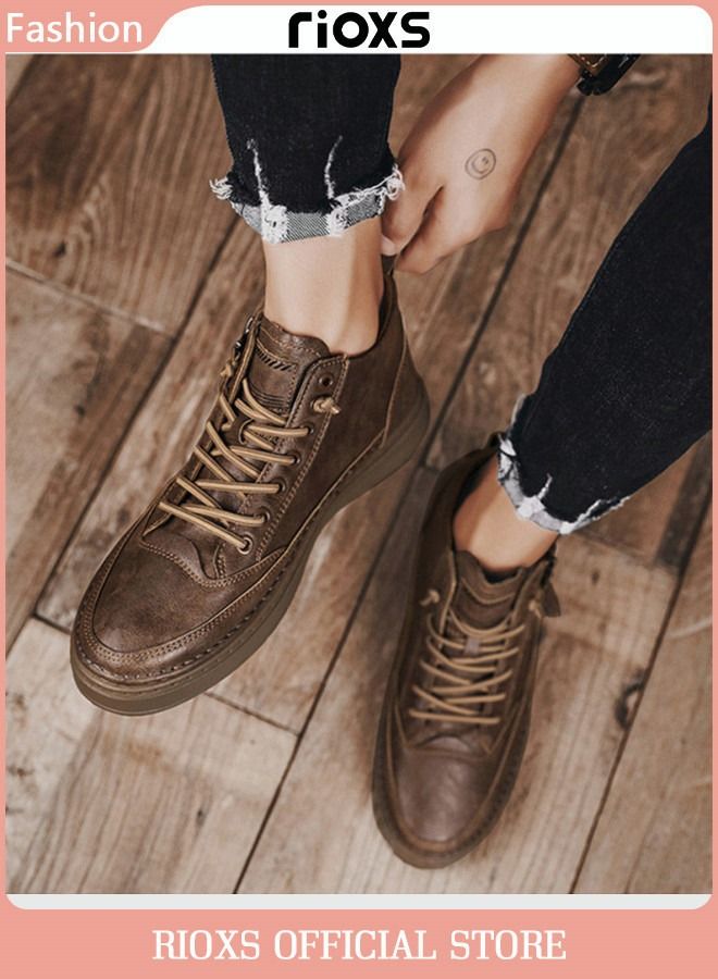 Men's Casual Leather Boots,Fashion High Top Sneaker,Lightweight Lace Up Flat Shoes,Dressy Sneaker Ankle Boot For Men,Daily Walking Shoes For Office Family Parties Holiday Travel, Pair With Jeans Jacks Coat