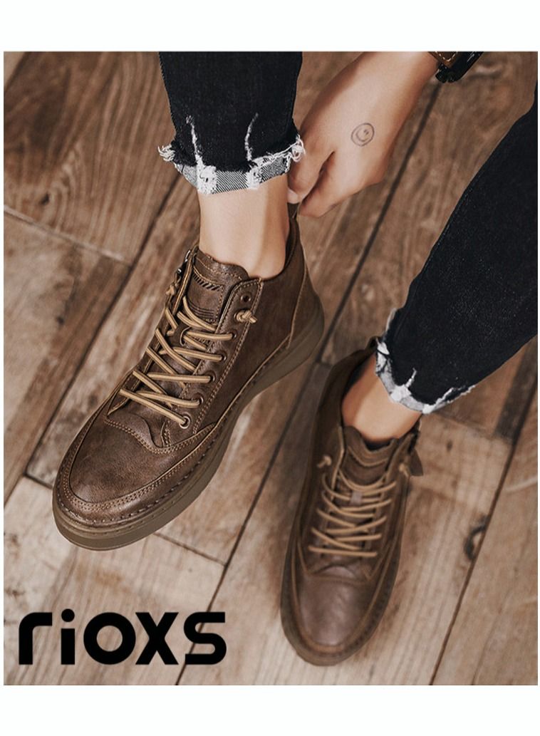 Men's Casual Leather Boots,Fashion High Top Sneaker,Lightweight Lace Up Flat Shoes,Dressy Sneaker Ankle Boot For Men,Daily Walking Shoes For Office Family Parties Holiday Travel, Pair With Jeans Jacks Coat