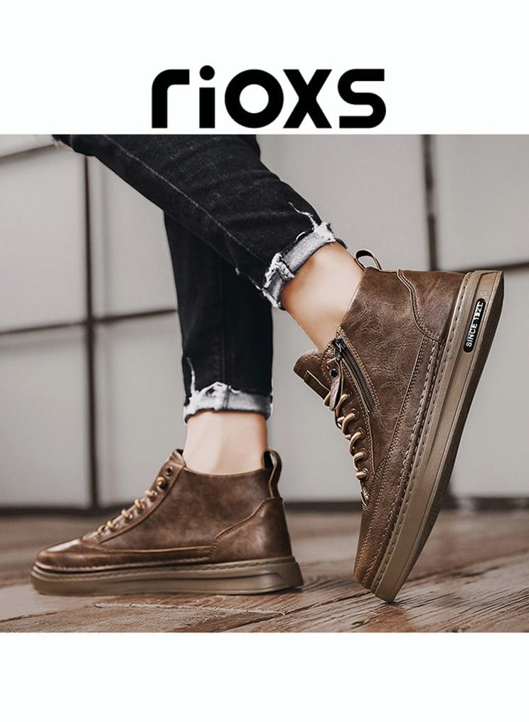 Men's Casual Leather Boots,Fashion High Top Sneaker,Lightweight Lace Up Flat Shoes,Dressy Sneaker Ankle Boot For Men,Daily Walking Shoes For Office Family Parties Holiday Travel, Pair With Jeans Jacks Coat