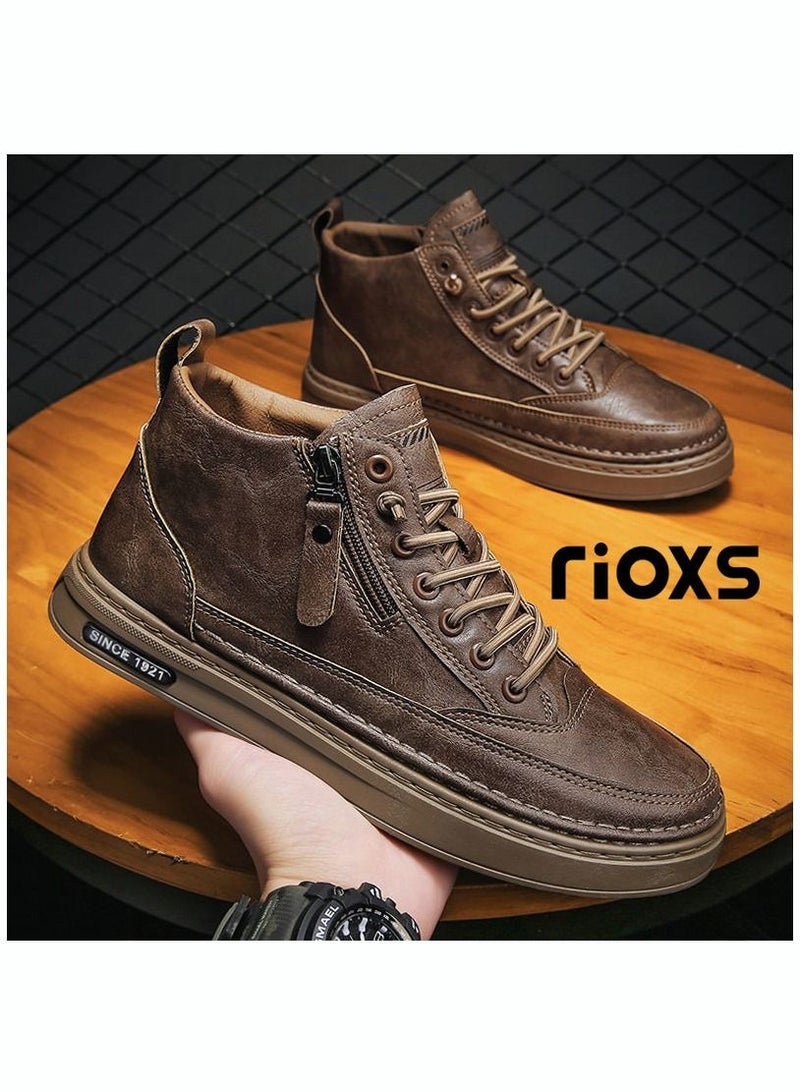 Men's Casual Leather Boots,Fashion High Top Sneaker,Lightweight Lace Up Flat Shoes,Dressy Sneaker Ankle Boot For Men,Daily Walking Shoes For Office Family Parties Holiday Travel, Pair With Jeans Jacks Coat