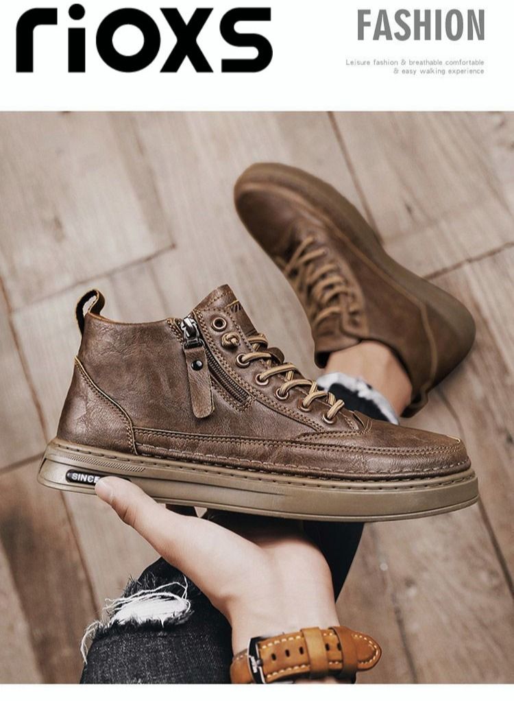 Men's Casual Leather Boots,Fashion High Top Sneaker,Lightweight Lace Up Flat Shoes,Dressy Sneaker Ankle Boot For Men,Daily Walking Shoes For Office Family Parties Holiday Travel, Pair With Jeans Jacks Coat