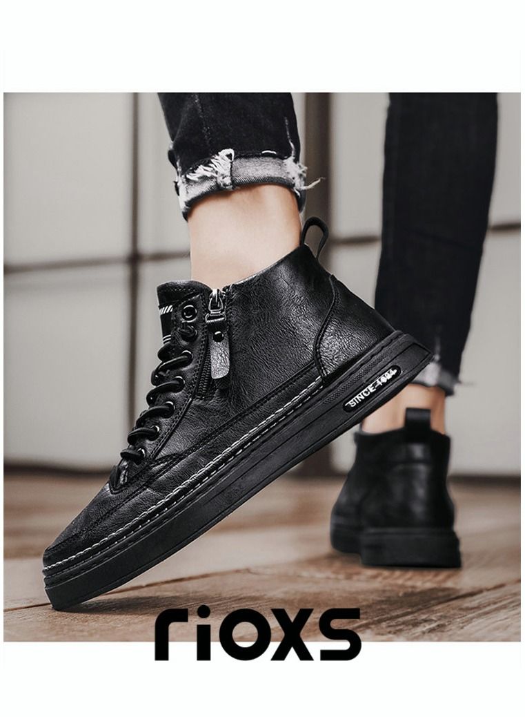 Men's Casual Leather Boots,Fashion High Top Sneaker,Lightweight Lace Up Flat Shoes,Dressy Sneaker Ankle Boot For Men,Daily Walking Shoes For Office Family Parties Holiday Travel, Pair With Jeans Jacks Coat