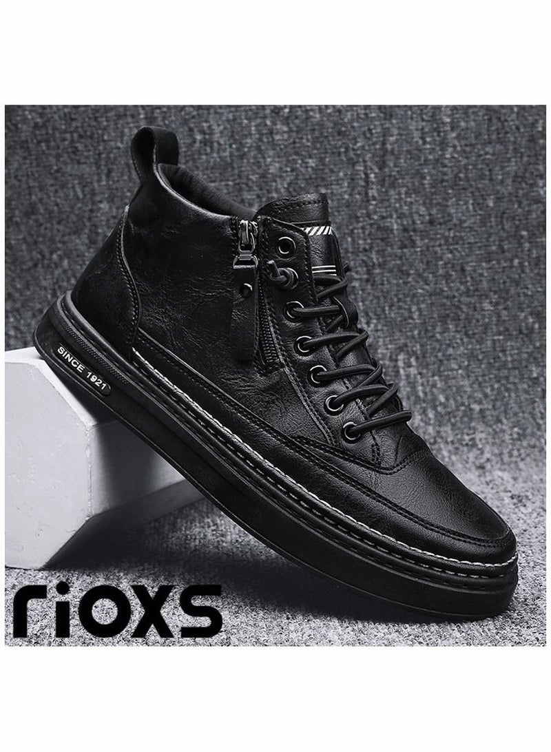 Men's Casual Leather Boots,Fashion High Top Sneaker,Lightweight Lace Up Flat Shoes,Dressy Sneaker Ankle Boot For Men,Daily Walking Shoes For Office Family Parties Holiday Travel, Pair With Jeans Jacks Coat