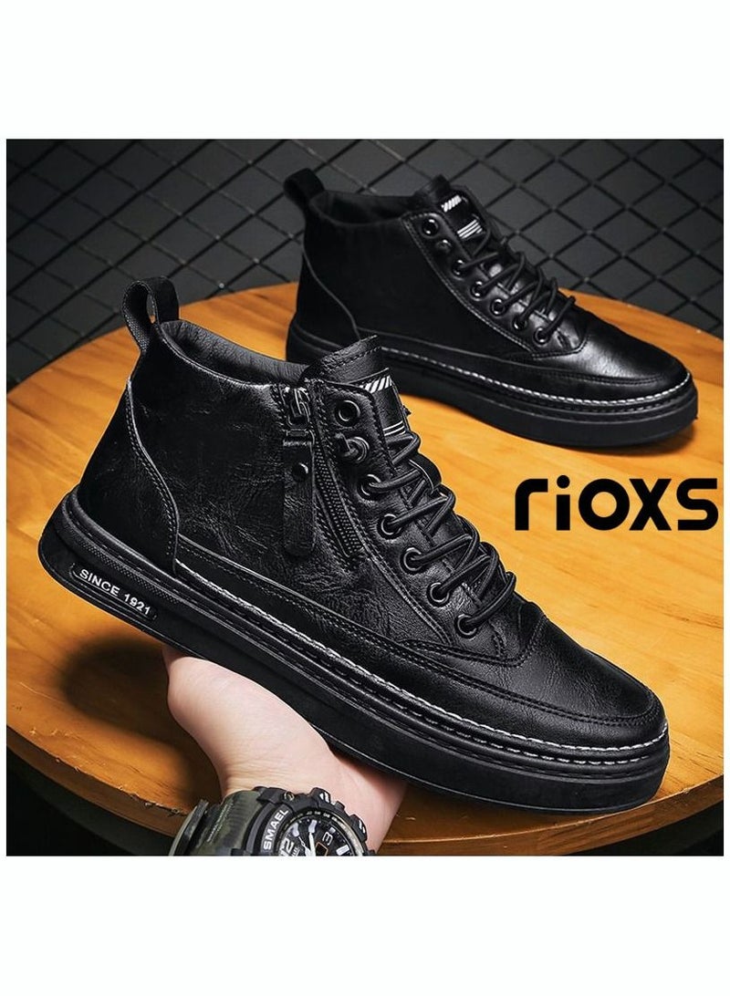 Men's Casual Leather Boots,Fashion High Top Sneaker,Lightweight Lace Up Flat Shoes,Dressy Sneaker Ankle Boot For Men,Daily Walking Shoes For Office Family Parties Holiday Travel, Pair With Jeans Jacks Coat