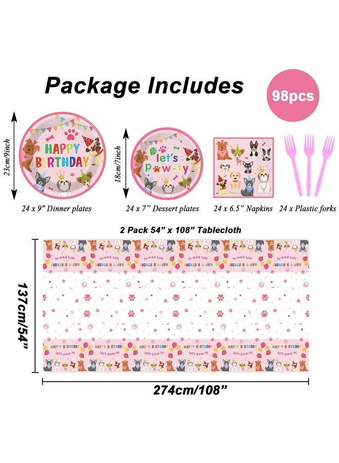 98Pcs Dog Birthday Party Decorations Puppy Tableware Set Plates Napkins Pink Dog Theme Tablecloth For Girls Birthday Lets Pawty Party Supplies Kit Pet Dog Table Cover Dinnerware Paw Print Party Favors