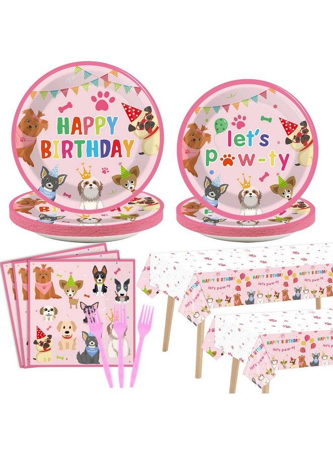 98Pcs Dog Birthday Party Decorations Puppy Tableware Set Plates Napkins Pink Dog Theme Tablecloth For Girls Birthday Lets Pawty Party Supplies Kit Pet Dog Table Cover Dinnerware Paw Print Party Favors