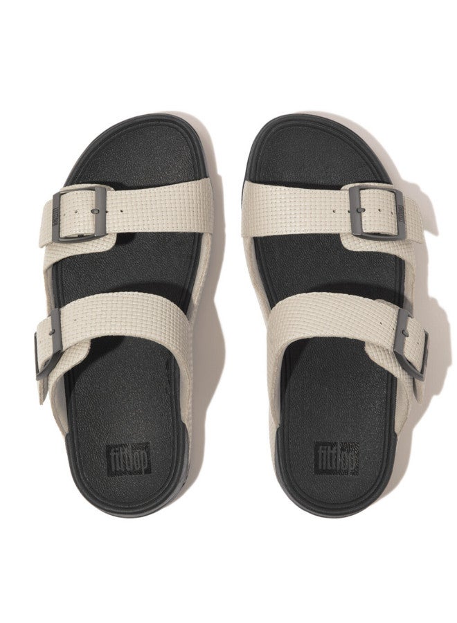049-779 Fitflop Men Gogh Moc Mens Buckle Weave-Embossed Leather Slides HA8-A93 Grey