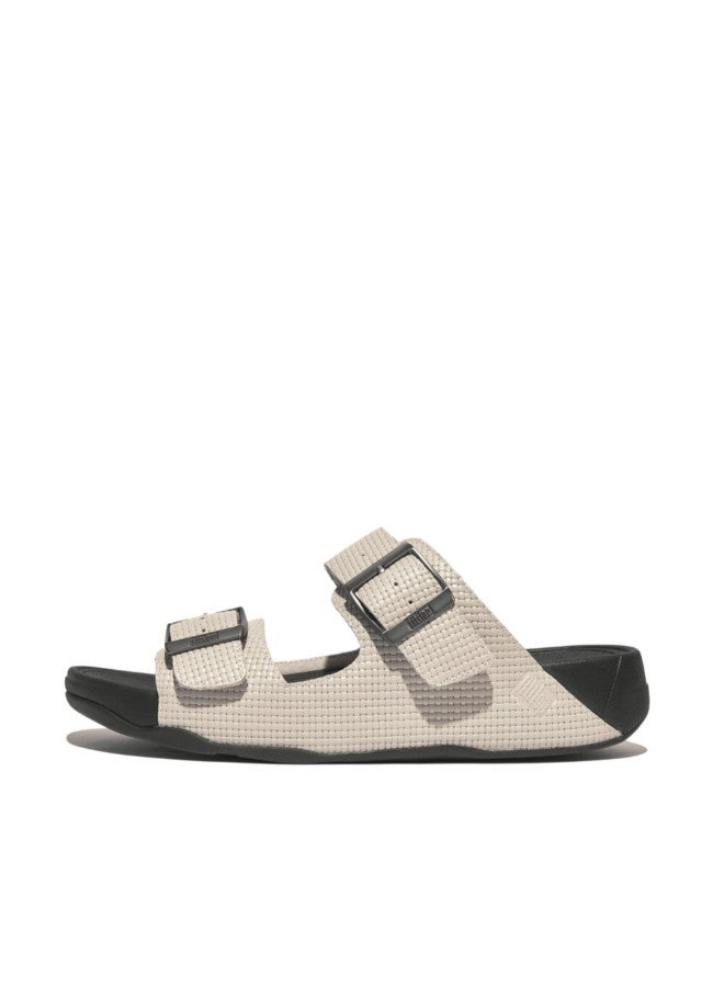 049-779 Fitflop Men Gogh Moc Mens Buckle Weave-Embossed Leather Slides HA8-A93 Grey