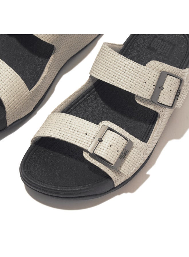 049-779 Fitflop Men Gogh Moc Mens Buckle Weave-Embossed Leather Slides HA8-A93 Grey
