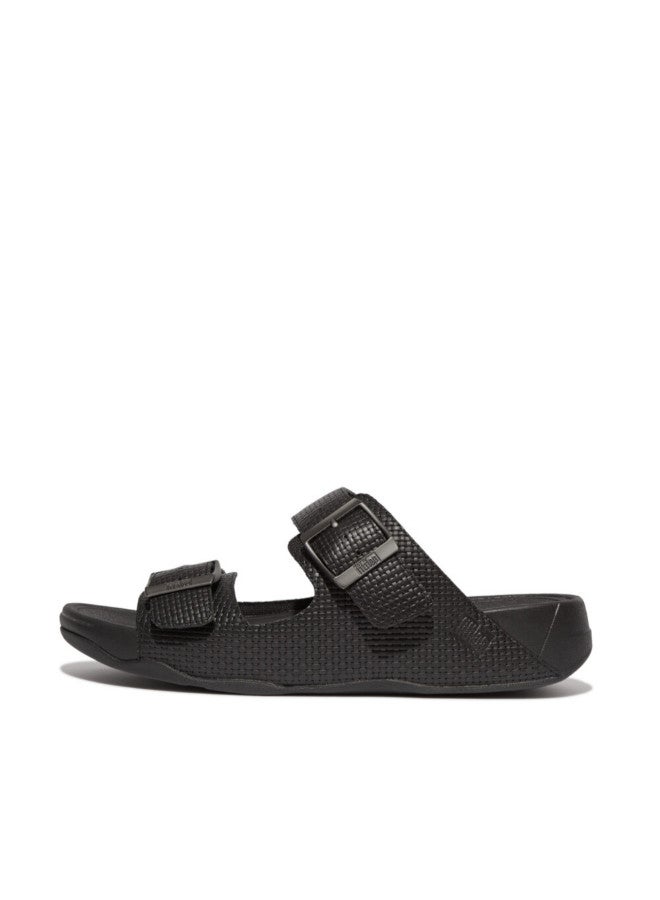 049-777 Fitflop Men Gogh Moc Mens Buckle Weave-Embossed Leather Slides HA8-001 Black