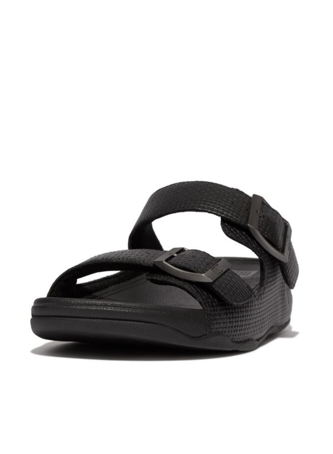 049-777 Fitflop Men Gogh Moc Mens Buckle Weave-Embossed Leather Slides HA8-001 Black