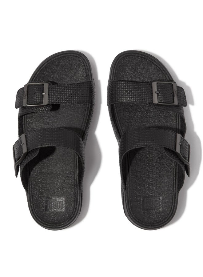 049-777 Fitflop Men Gogh Moc Mens Buckle Weave-Embossed Leather Slides HA8-001 Black
