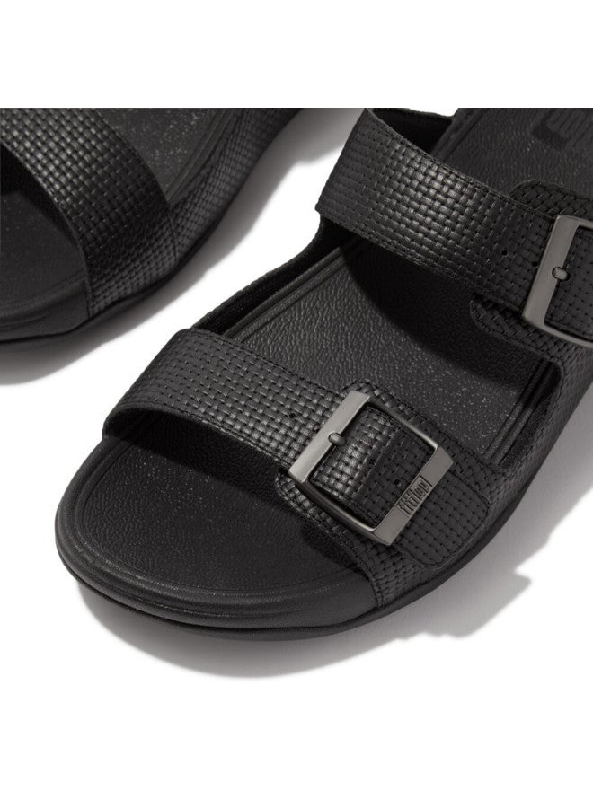 049-777 Fitflop Men Gogh Moc Mens Buckle Weave-Embossed Leather Slides HA8-001 Black