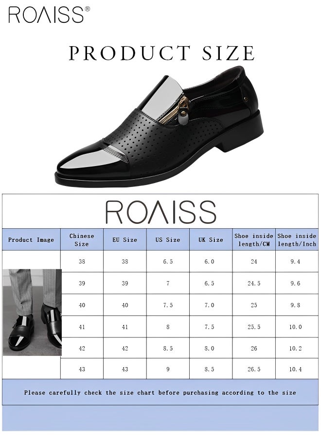 Men's Business Breathable Perforated Leather Shoes Fashion Versatile Pointed Formal Flat Shoes Side Zipper Patent Leather Anti Slip Leather Shoes