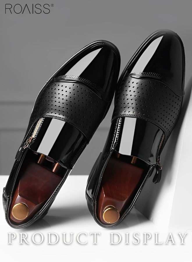 Men's Business Breathable Perforated Leather Shoes Fashion Versatile Pointed Formal Flat Shoes Side Zipper Patent Leather Anti Slip Leather Shoes