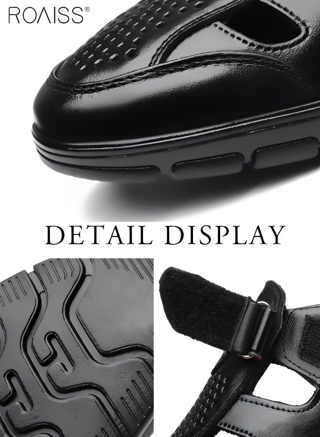 Men's Summer Breathable Mesh Leather Shoes Side Hollowed Out Velcro Business Pu Leather Sandals Casual Fashion Anti-Skid Sandals