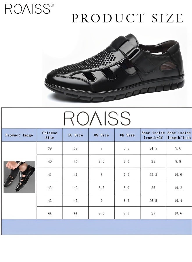 Men's Summer Breathable Mesh Leather Shoes Side Hollowed Out Velcro Business Pu Leather Sandals Casual Fashion Anti-Skid Sandals