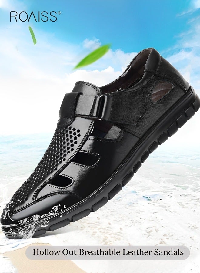 Men's Summer Breathable Mesh Leather Shoes Side Hollowed Out Velcro Business Pu Leather Sandals Casual Fashion Anti-Skid Sandals