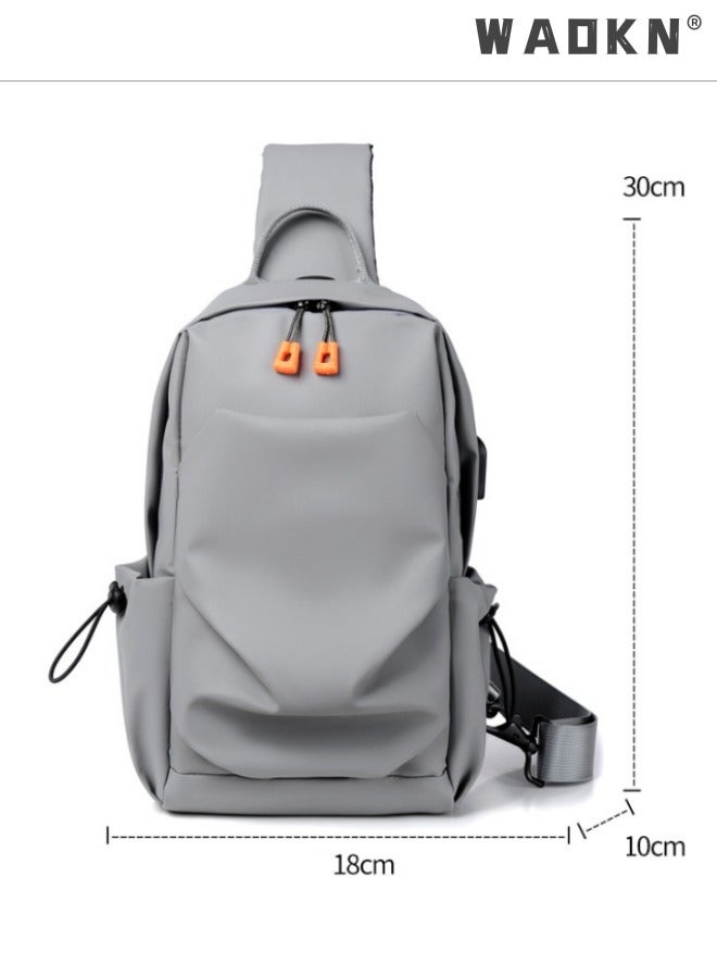 Crossbody Backpack, Lightweight Shoulder Bag Men Women Adjustable Strap Backpack Chest Bag Water Resistant Small Shoulder Backpack with USB Charger Port, for Outdoor Hiking, Traveling, Cycling Grey