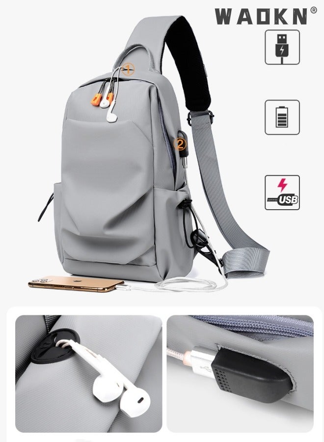 Crossbody Backpack, Lightweight Shoulder Bag Men Women Adjustable Strap Backpack Chest Bag Water Resistant Small Shoulder Backpack with USB Charger Port, for Outdoor Hiking, Traveling, Cycling Grey