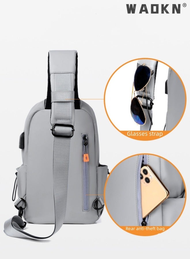 Crossbody Backpack, Lightweight Shoulder Bag Men Women Adjustable Strap Backpack Chest Bag Water Resistant Small Shoulder Backpack with USB Charger Port, for Outdoor Hiking, Traveling, Cycling Grey