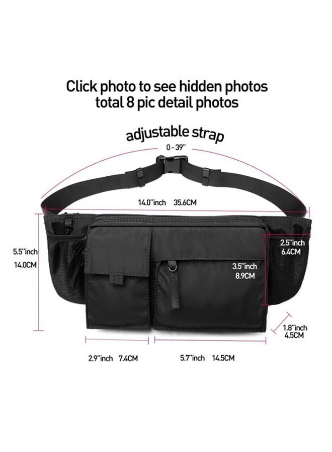 Unisex Waist Bag Nylon Waterproof Adjustable Straps Waist pack Premium Lightweight Belt Bag for Gym Fitness Workout Travel Commute Black