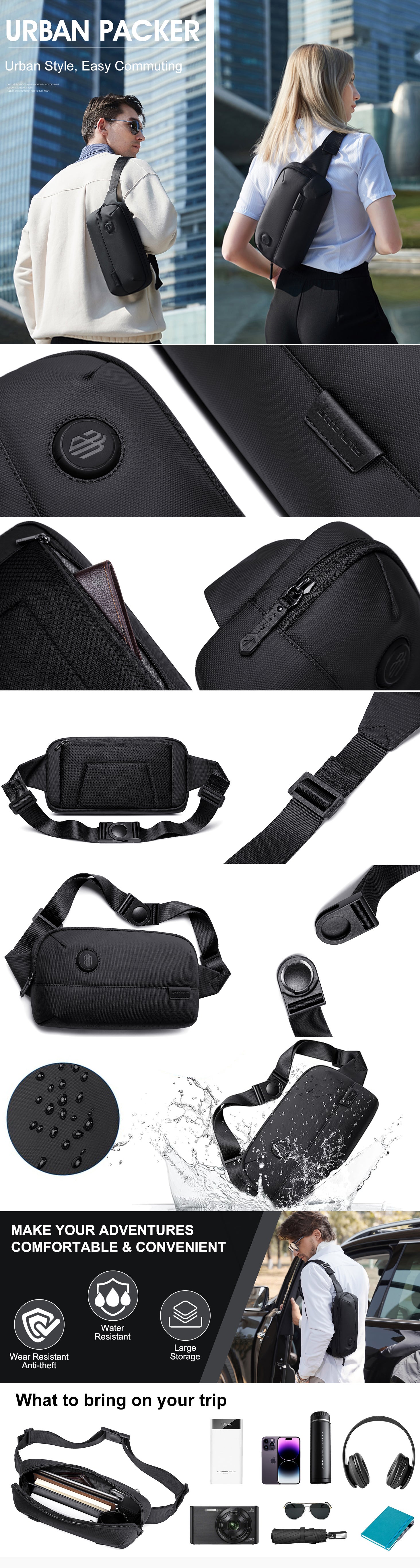 Waist Bag Anti-Theft Water Resistant Shock Proof Business Leisure Crossbody Chest Bag for Men Women Y00557 Black