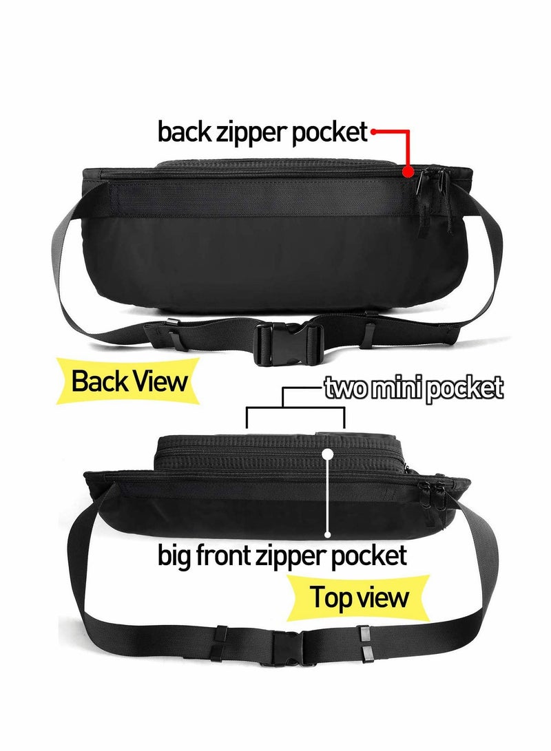 Waist Bag, Large Waterproof Black Men's Women's Adjustable Straps Premium Lightweight Waist Bag for Gym Fitness Workout Travel Work Commute