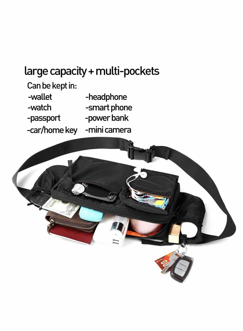 Waist Bag, Large Waterproof Black Men's Women's Adjustable Straps Premium Lightweight Waist Bag for Gym Fitness Workout Travel Work Commute