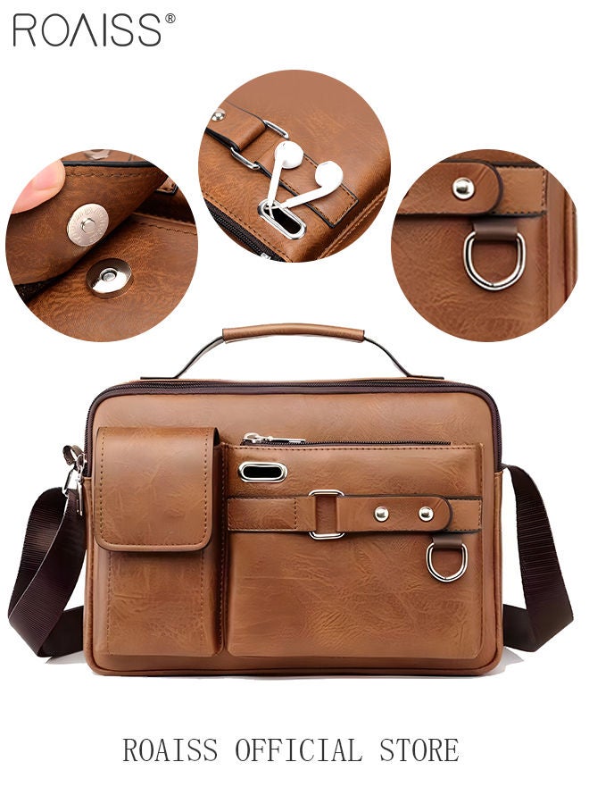 Business Messenger Shoulder Bag PU Leather Retro Chic Handbag Casual Portable Zipper Crossbody Shoulder Bag Husband Gift for Men Travel Work Office