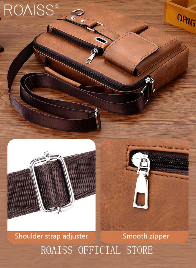 Business Messenger Shoulder Bag PU Leather Retro Chic Handbag Casual Portable Zipper Crossbody Shoulder Bag Husband Gift for Men Travel Work Office