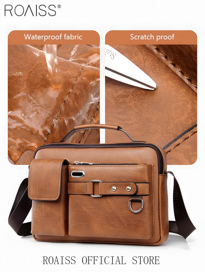 Business Messenger Shoulder Bag PU Leather Retro Chic Handbag Casual Portable Zipper Crossbody Shoulder Bag Husband Gift for Men Travel Work Office