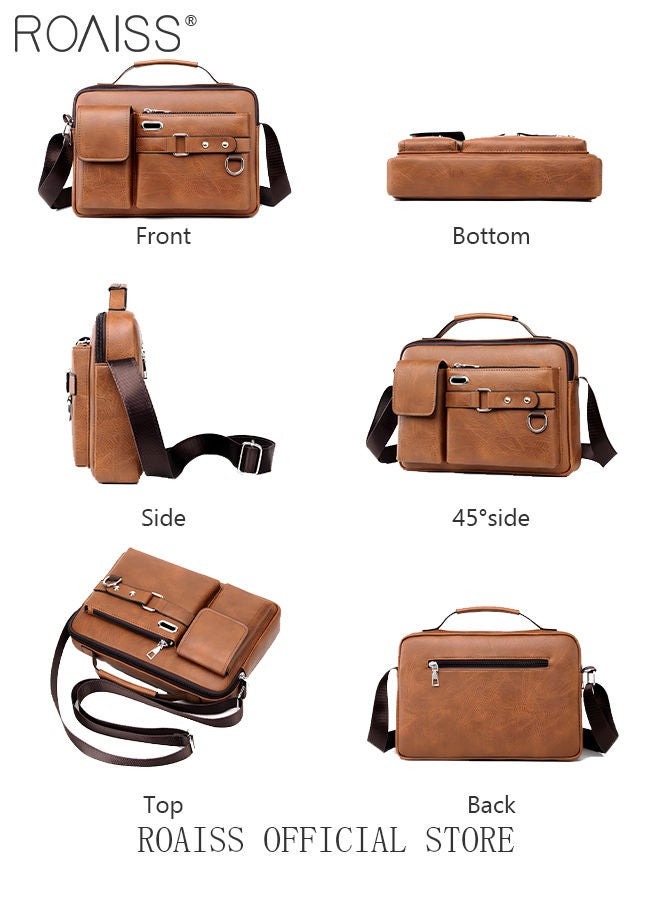 Business Messenger Shoulder Bag PU Leather Retro Chic Handbag Casual Portable Zipper Crossbody Shoulder Bag Husband Gift for Men Travel Work Office