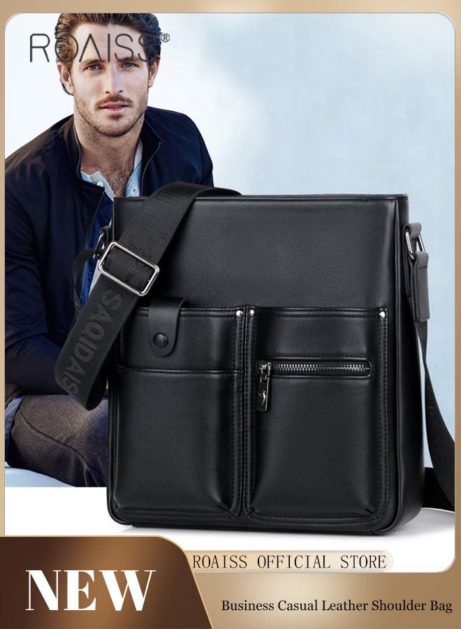 Men's Casual Business Multi Pocket Crossbody Bag Adjustable Shoulder Strap Pu Leather Shoulder Bag Large Capacity Design Multi Pocket Leather Bag