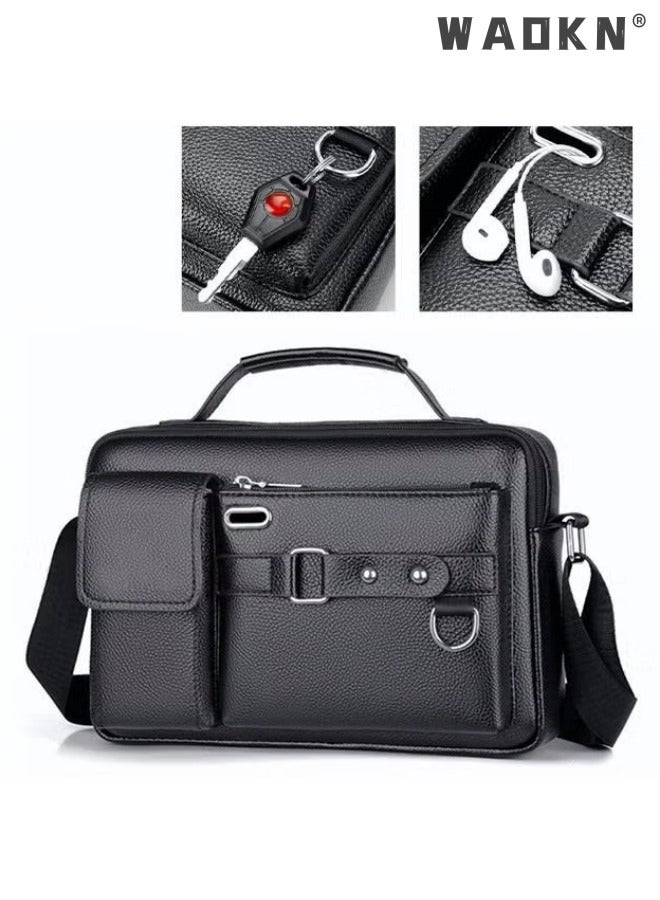 Men's Crossbody Shoulder Bag Business Messenger Shoulder Bag PU Leather Retro Chic Handbag Casual Portable Zipper Crossbody/Shoulder Bag Husband Gift for Men Travel Work Office Black