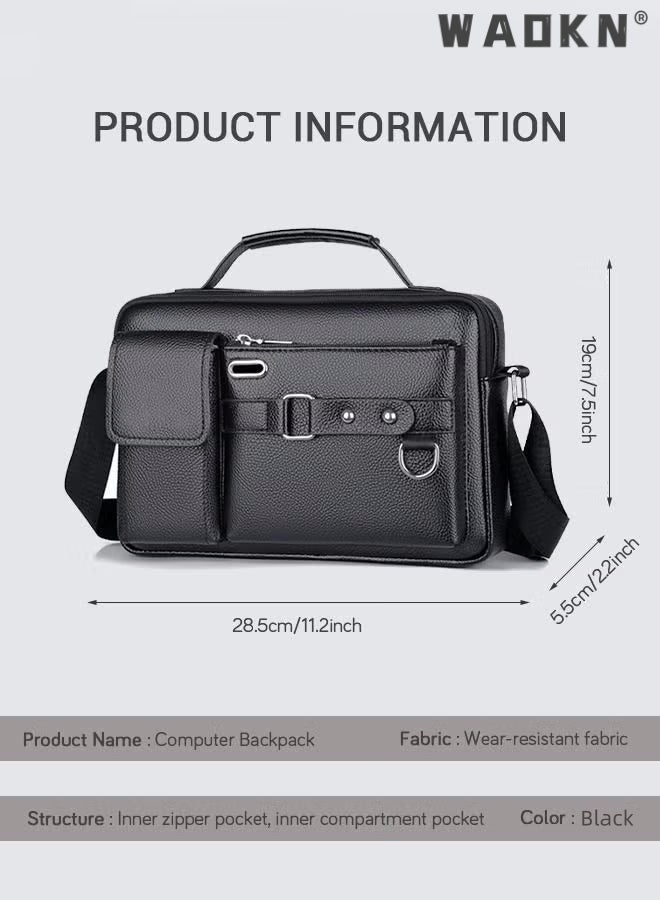 Men's Crossbody Shoulder Bag Business Messenger Shoulder Bag PU Leather Retro Chic Handbag Casual Portable Zipper Crossbody/Shoulder Bag Husband Gift for Men Travel Work Office Black
