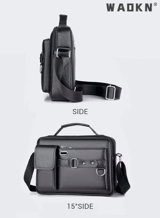 Men's Crossbody Shoulder Bag Business Messenger Shoulder Bag PU Leather Retro Chic Handbag Casual Portable Zipper Crossbody/Shoulder Bag Husband Gift for Men Travel Work Office Black