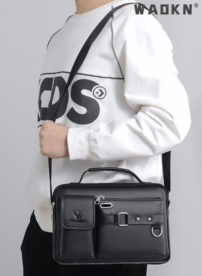 Men's Crossbody Shoulder Bag Business Messenger Shoulder Bag PU Leather Retro Chic Handbag Casual Portable Zipper Crossbody/Shoulder Bag Husband Gift for Men Travel Work Office Black