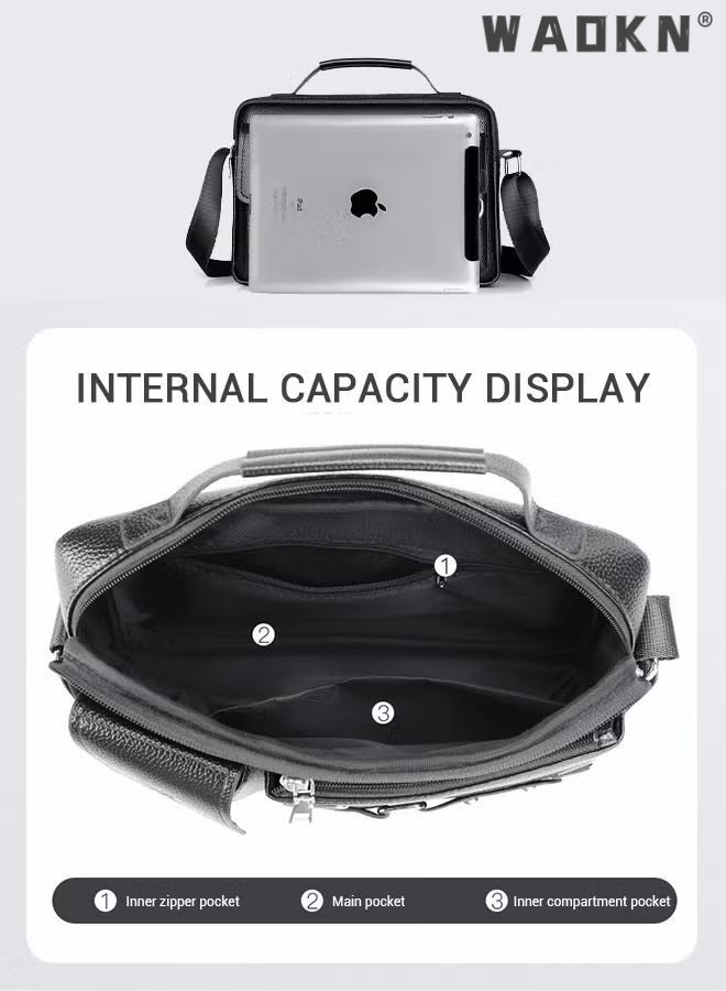 Men's Crossbody Shoulder Bag Business Messenger Shoulder Bag PU Leather Retro Chic Handbag Casual Portable Zipper Crossbody/Shoulder Bag Husband Gift for Men Travel Work Office Black