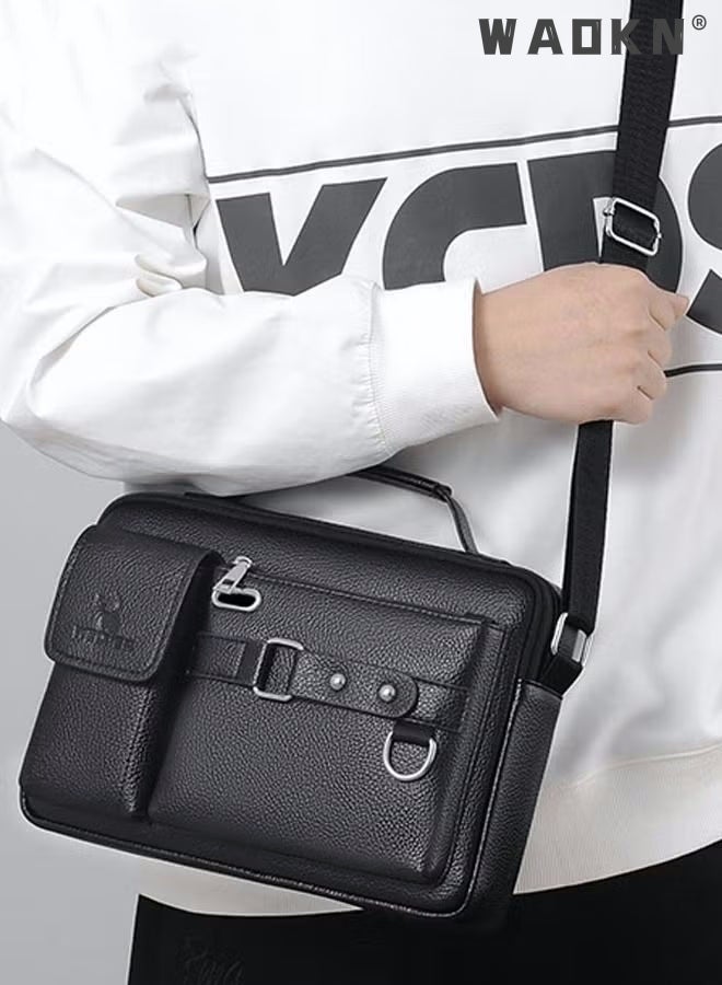 Men's Crossbody Shoulder Bag Business Messenger Shoulder Bag PU Leather Retro Chic Handbag Casual Portable Zipper Crossbody/Shoulder Bag Husband Gift for Men Travel Work Office Black